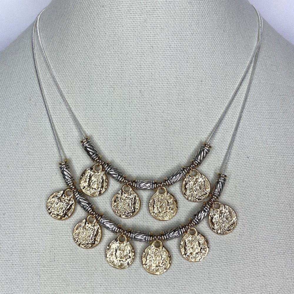 Two Tone Goldtone & Silvertone Layered Fan Necklace